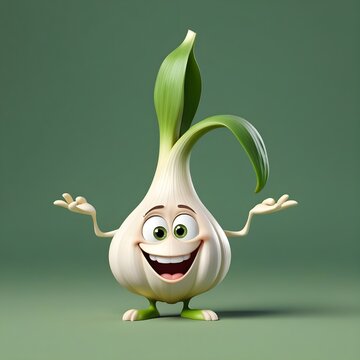 Garlic Mascot. Humanized garlic in playful 3D with a beautiful smile. AI image.