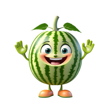 Watermelon  mascot. Humanized watermelon in playful 3D with a beautiful smile. AI image.
