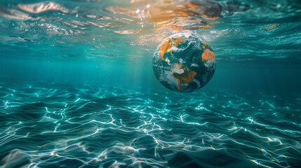 A haunting vision of Earth submerged under crystal-clear water, reflecting a serene yet somber world.