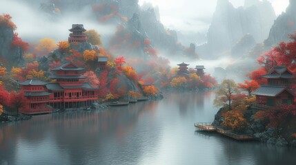 Mystical Autumnal Lakeside Temples in Fog