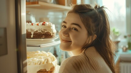 Woman gazing at desserts in fridge, capturing joy and anticipation. perfect for advertising, lively and warm toned image. AI