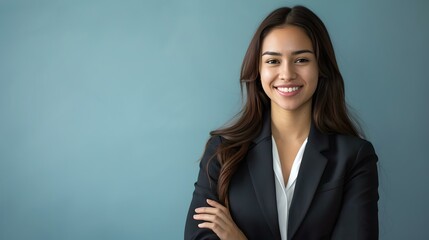 Confident young businesswoman smiling in professional attire. portrait of success and leadership. corporate style captured in studio setting. ideal for marketing materials. AI