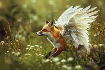 Obraz premium Beautiful Mythical Winged Fox in a Field, Bibi in Chinese Mythology. Generative AI. 