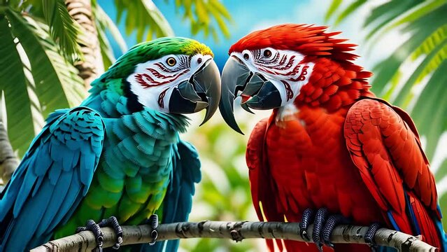 Close up red Macaw parrots in tropical forest.