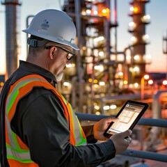 An engineer in a hard hat and high-visibility vest reviews a tablet with an industrial plant aglow in the warm light of dawn or dusk in the background