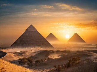  Egyptian landscape with Ancient pyramids, desert at sunset in past, fantasy view. Travel wallpaper.