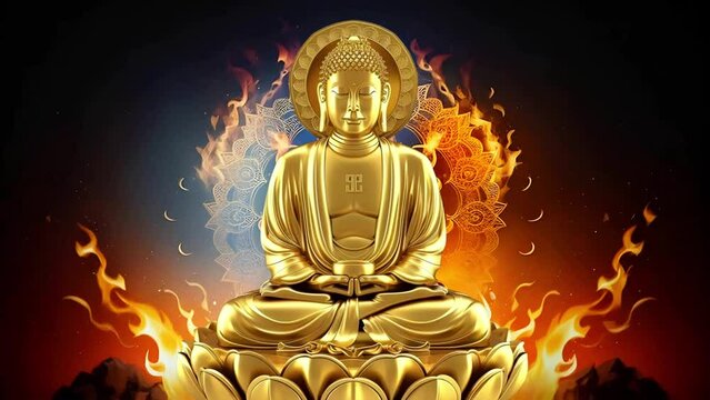 Gold buddha statue with energetic spinning mandala with light, flames and golden river