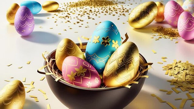 Decorative easter eggs with golden accents and floral patterns on a background with golden confetti