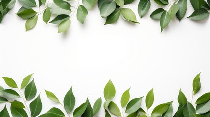 Green leaves frame on white background. flat lay