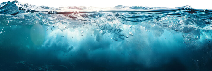 water wave underwater blue ocean. wide panorama background. - obrazy, fototapety, plakaty