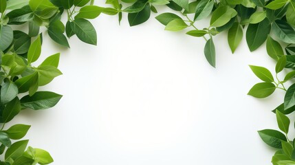 Green leaves frame on white background. flat lay