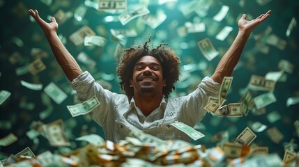 Man in money pile, arms raised in gesture of victory at fun event in jungle - obrazy, fototapety, plakaty