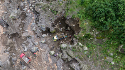 aerial view of sand and stone mining on the slopes of Mount Merapi in Sleman Regency, Yogyakarta