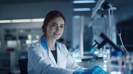 Happy lady laboratory worker holds tube with blue liquid ready to examine under microscope. Positive woman in lab coat looks in camera smiling