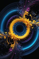 The image features a colorful abstract spiral with blue, yellow, and purple colors. The spiral has a black background and is adorned with decorative elements such as flowers and swirls.