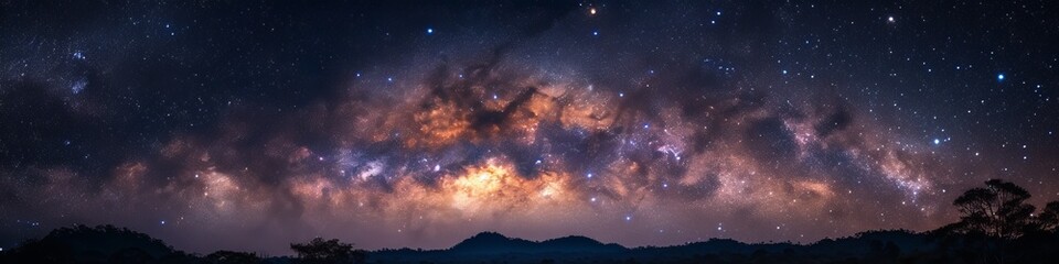 Fototapeta premium Galactic dreamscape with vibrant Milky Way clouds illuminating the night sky above a darkened landscape