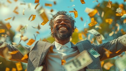 A man in a suit is joyfully throwing money in the air at a happy event - obrazy, fototapety, plakaty