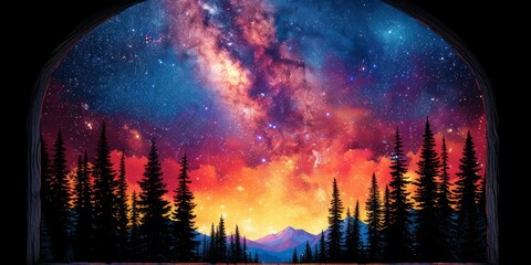 Fantasy-like vision of a night sky ablaze with stellar clouds and stars over a forest silhouette against a fiery sunset - obrazy, fototapety, plakaty