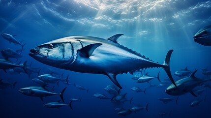 Naklejka premium Inside a giant travelly tuna school of fish close up in the deep blue sea