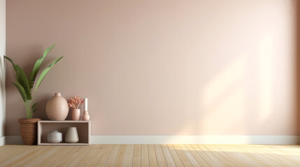 A daylight interior room banner with copy space, a plain beige wall with lots empty space for text, wooden flooring, carefully arranged decorative items, potted plants in vases, eco design concept