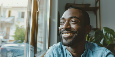 Smiling Man in Cafe - Captured Moment of Serenity and Contentment - obrazy, fototapety, plakaty
