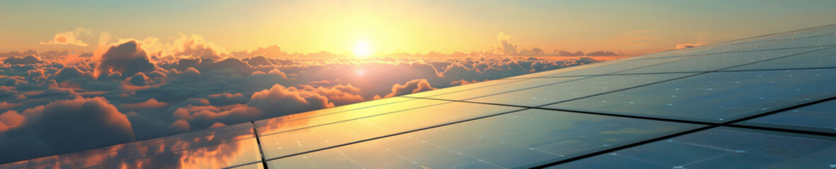 Vast Solar Panels Harnessing Energy Above Clouds at Sunrise - obrazy, fototapety, plakaty