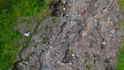 aerial view of sand and stone mining on the slopes of Mount Merapi in Sleman Regency, Yogyakarta