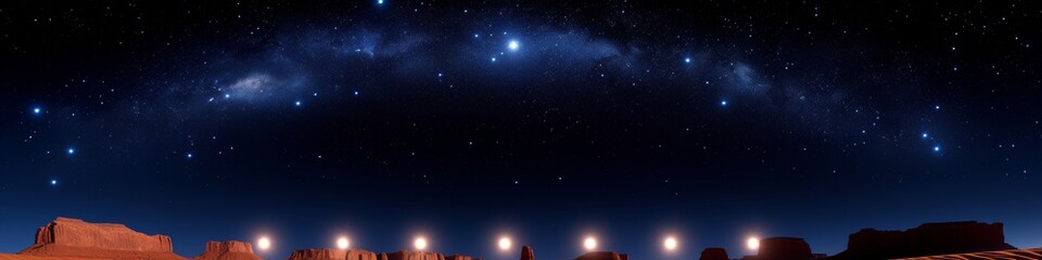 Fototapeta premium Spectacular night sky with a Milky Way arc over a desert caravan, uniting natural wonders with human exploration