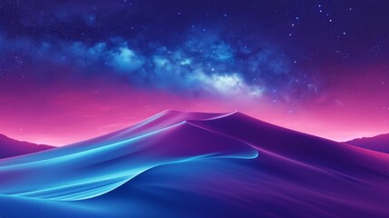 Surreal landscape with neon blue and pink hues illuminating sand dunes under a starry sky, a digital artwork of an ethereal desert night