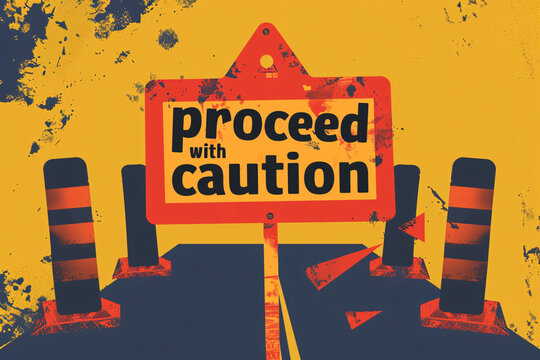 Stylized proceed with caution sign on textured yellow and black background