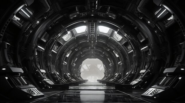 Metal structure similar to spaceship interior in black and white