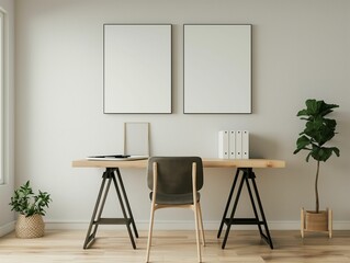 Interior of a room with a table. Mockup of the frame. Layout of the poster on the living room wall.