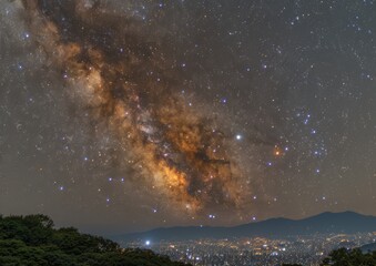 Stunning Astrophotography of Milky Way Galaxy Over Mountainous Landscape, Stars Illuminating the Night Sky Above City Lights