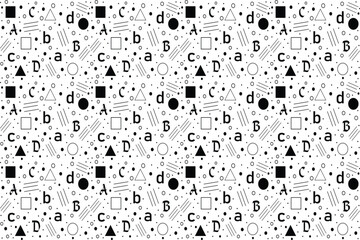 Seamless pattern with geometric elements and alphabets. Black and white background. educational seamless pattern illustration. abstract pattern backdrop.
