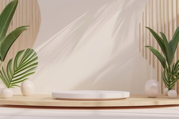 Empty showcase podium minimal style with green leaves and serene backdrop for advertising, 3D rendering of realistic presentation, 3D, illustration, render