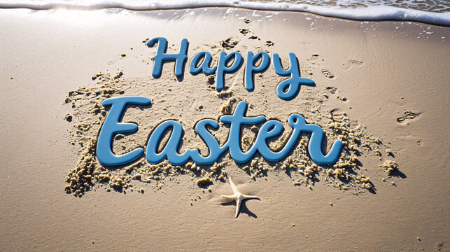 Happy Easter message written on beach sand.