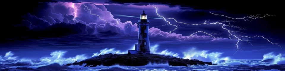 Fototapeten Lighthouse Beacon Aglow Amidst Thunderstorm, Lightning Strikes over Ocean Waves, Dramatic Night Seascape © Ross