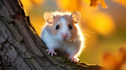One adult european hamster in front of a tree