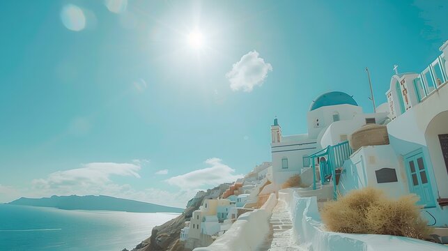 Sunny santorini day, bright sky, classical greek architecture. travel and tourism in greece, mediterranean vibes. AI