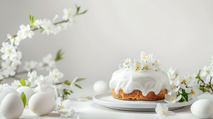 Fototapeta na wymiar Elegant white iced cake on a plate with spring blossoms in a serene still life setup. perfect for celebrations or seasonal themes. AI
