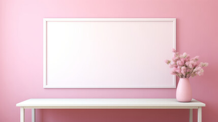 A painted pastel pink wall with copyspace in mockup frame. The frame hangs above sleek white table...