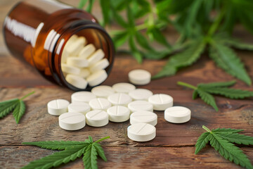 white pharmaceutical tablets with open bottle and marijuana leaves on wooden background 