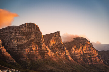 Sunset lights on Twelve Apostles Hills in Cape Town, South Africa