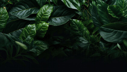  A dark and moody image of lush green leaves with a golden logo in the bottom right corner - obrazy, fototapety, plakaty