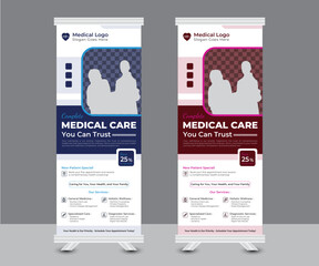 Corporates healthcare and medical roll up banner design template layout. hospital flyer, clinic roll up banner design vector set. creative modern medical roll up banner design vector template
