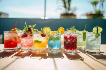 Summertime, vacation. Summer drinks cocktails. Glasses of cocktails on bar background. Bar, kafe, shots. Party time. Celebrating.