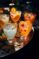 Summertime, vacation. Summer drinks cocktails. Glasses of cocktails on bar background. Bar, kafe, shots. Party time. Celebrating.