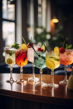 Summertime, vacation. Summer drinks cocktails. Glasses of cocktails on bar background. Bar, kafe, shots. Party time. Celebrating.