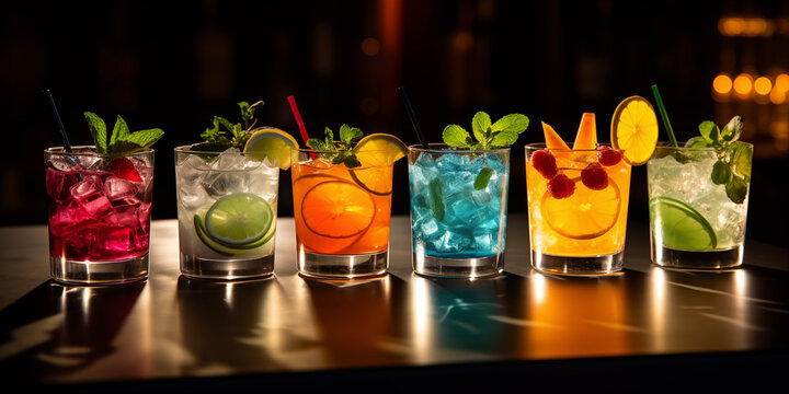 Summertime, vacation. Summer drinks cocktails. Glasses of cocktails on bar background. Bar, kafe, shots. Party time. Celebrating.