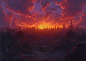 Apocalyptic Cityscape with Fiery Sky and Lightning, Dystopian Urban Scene, Dramatic Skyline at Dusk